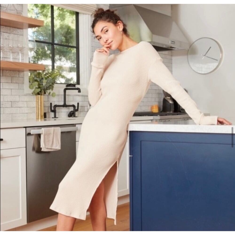 Lett Ribbed De Gaulle Side Slit Long Sleeve Midi Dress Oatmeal Cream XS